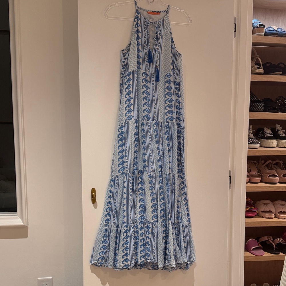 Oliphant Blue and White Halter Maxi Dress